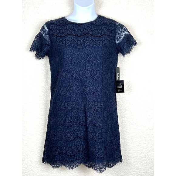 Lulu's NWT Women's Size Medium Dress Navy Lace Overlay Cap Sleeves - Picture 1 of 8